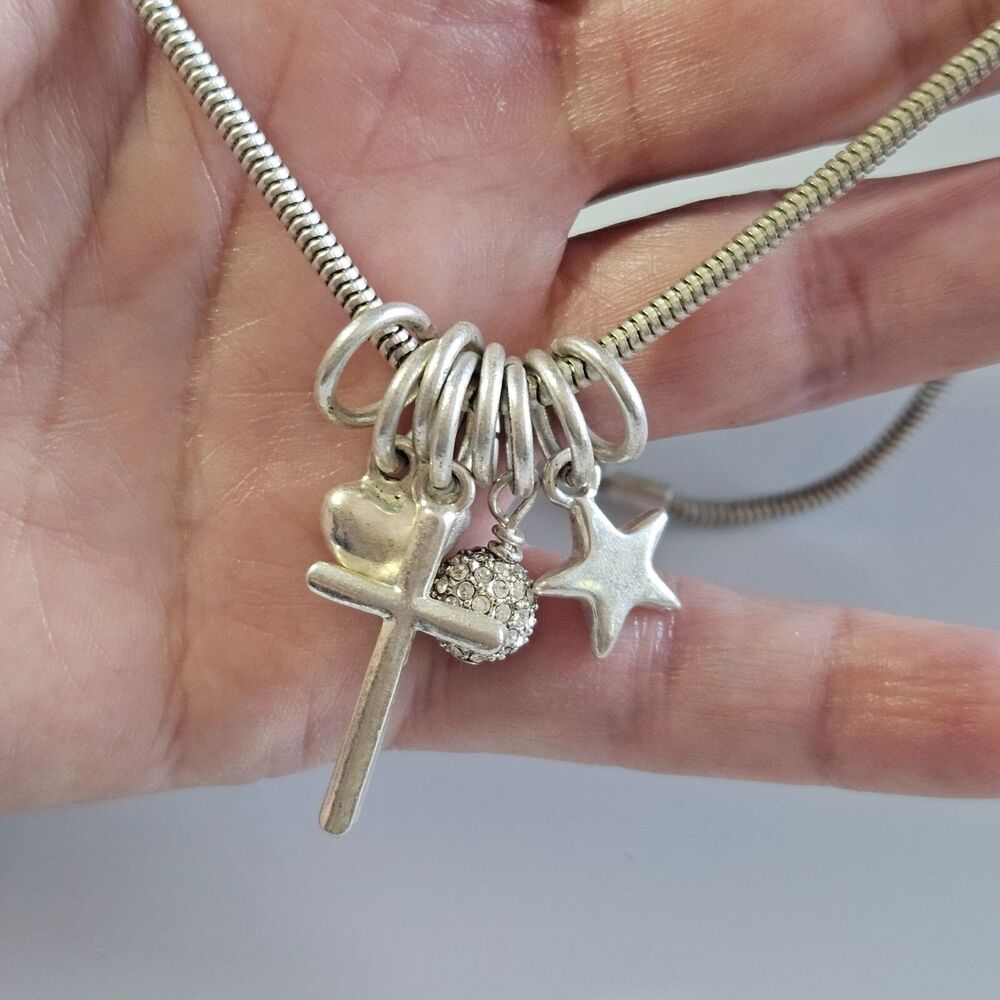 Bud to Rose Silver Tone Necklace 18-21" Star Heart Cross Clear Rhinestone Charms